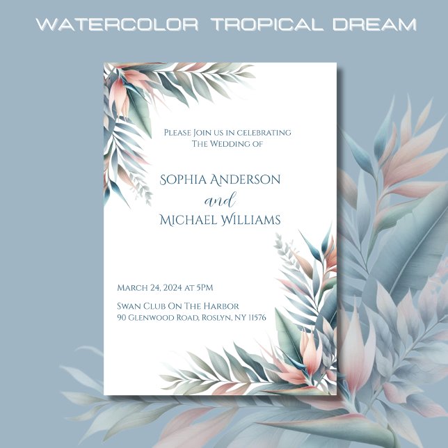Invitation Aquarelle Tropical Dream-Mariage (Watercolor Tropical Dream Wedding Invitations-Coastal-Pastel Colors)