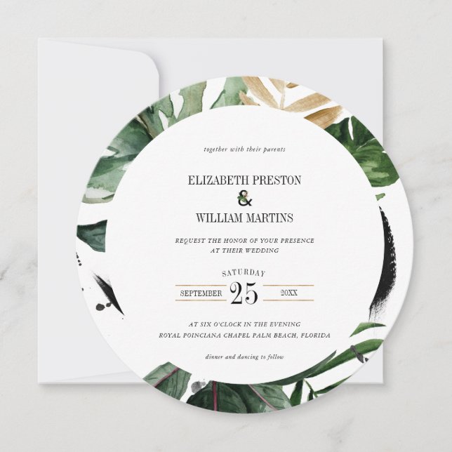 Invitation Aquarelle Tropical Feuille QR Code Mariage Cercle (Devant)