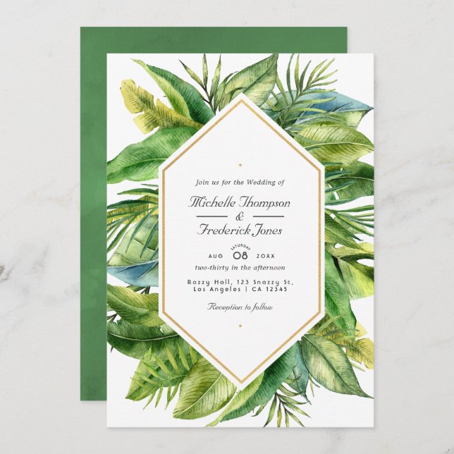 Invitation Aquarelle Tropical Feuille QR Code Mariage RSVP (Devant / Derrière)