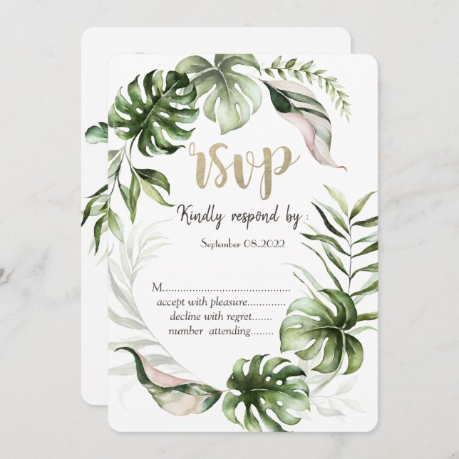 Invitation Aquarelle Tropical Feuille Verdure RSVP (Devant / Derrière)
