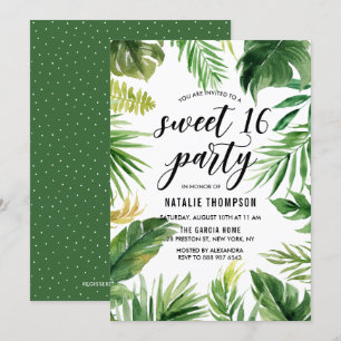 Invitation Aquarelle Tropical Feuilles Frame Sweet 16 Party