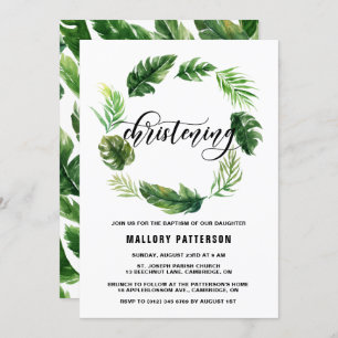 Invitation Aquarelle Tropical Feuilles Wreath Christening