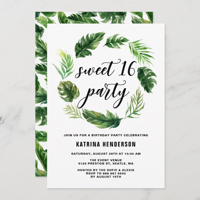 Invitation Aquarelle Tropical Feuilles Wreath Sweet 16 Party (Devant / Derrière)