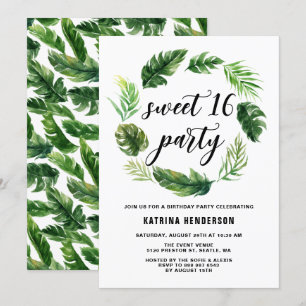 Invitation Aquarelle Tropical Feuilles Wreath Sweet 16 Party