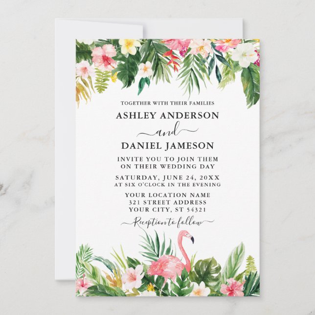 Invitation Aquarelle Tropical Floral Flamant rose Mariage (Devant)