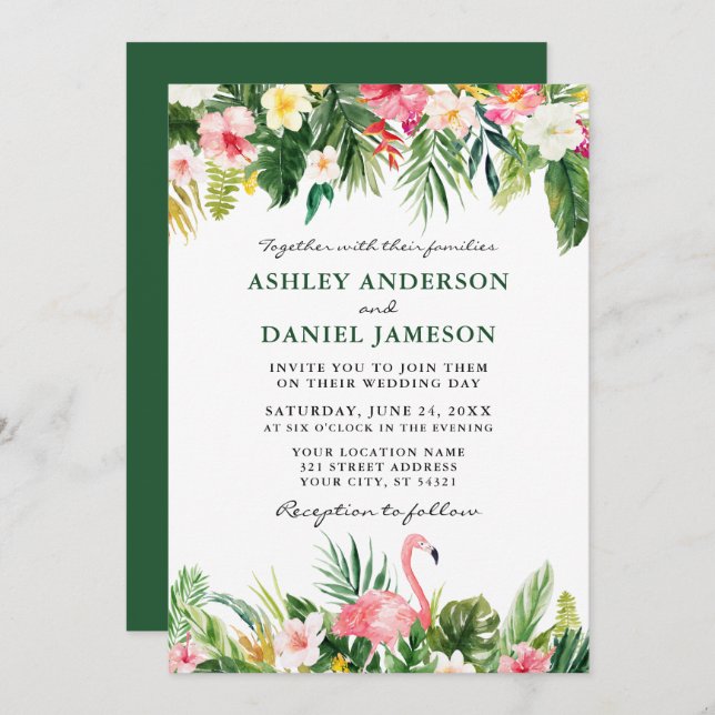 Invitation Aquarelle Tropical Floral Flamant rose Mariage Ver (Devant / Derrière)