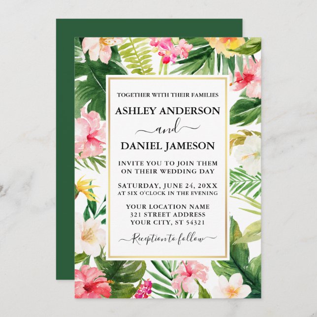 Invitation Aquarelle Tropical Floral Gold Frame Mariage (Devant / Derrière)
