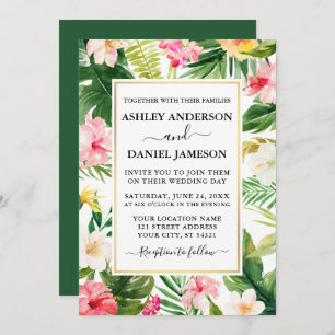 Invitation Aquarelle Tropical Floral Gold Frame Mariage