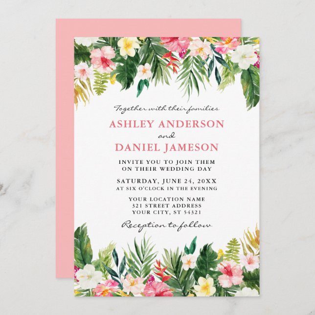 Invitation Aquarelle Tropical Floral Green Mariage Pk (Devant / Derrière)