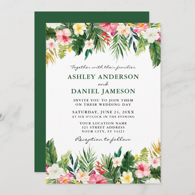 Invitation Aquarelle Tropical Floral Mariage Vert (Devant / Derrière)