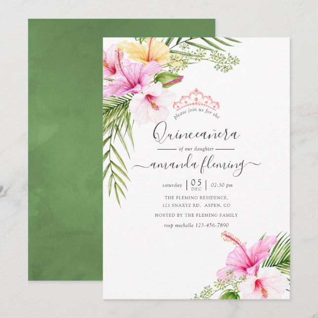 Invitation Aquarelle Tropical Floral Quinceañera (Devant / Derrière)