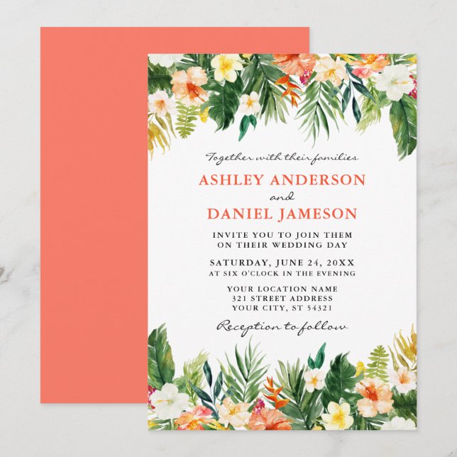 Invitation Aquarelle Tropical Floral Vert Mariage Coral (Devant / Derrière)