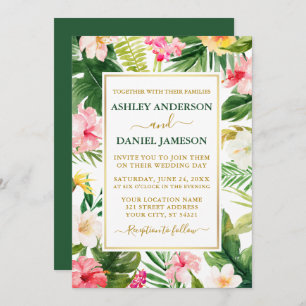 Invitation Aquarelle Tropical Floral Vert Mariage or