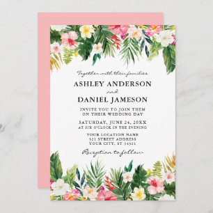 Invitation Aquarelle Tropical Floral Vert Mariage rose
