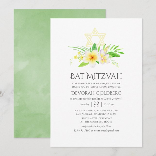Invitation Aquarelle Tropical Frangipani Bat mitzvah (Devant / Derrière)