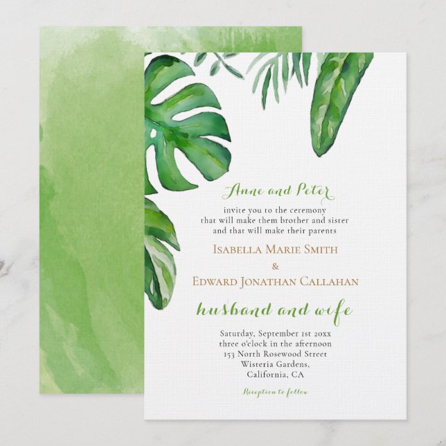 Invitation Aquarelle Tropical Green Palm Feuille Mariage (Devant / Derrière)