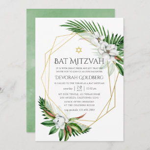 Invitation Aquarelle Tropical Greenery Bat mitzvah géométriqu