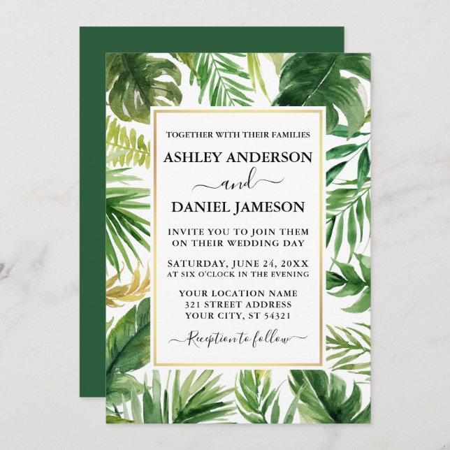 Invitation Aquarelle Tropical Greenery Gold Frame Mariage (Devant / Derrière)