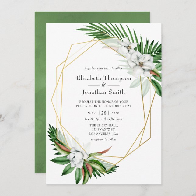 Invitation Aquarelle Tropical Greenery Mariage géométrique (Devant / Derrière)