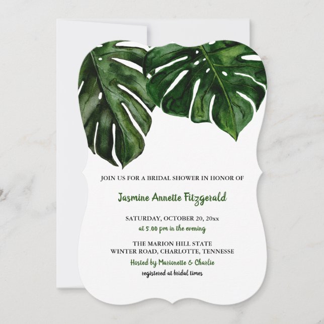 Invitation Aquarelle Tropical Monstera Green | Fête des marié (Devant)