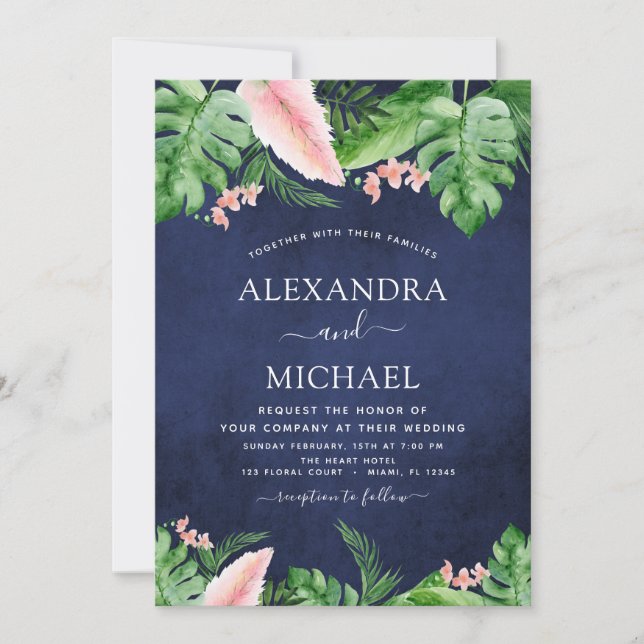 Invitation Aquarelle Tropical Palm Vert Marine Bleu Mariage (Devant)