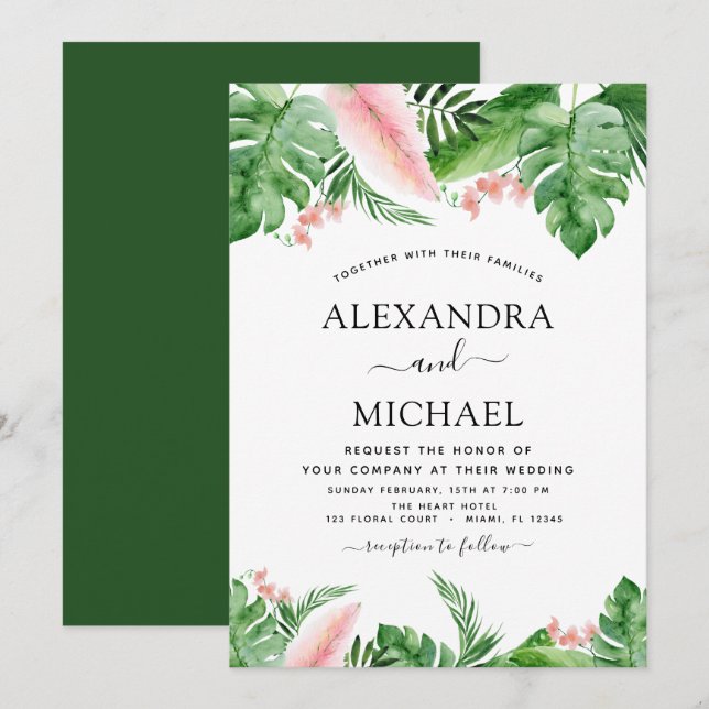 Invitation Aquarelle Tropical Palm Vert rose pâle Mariage (Devant / Derrière)