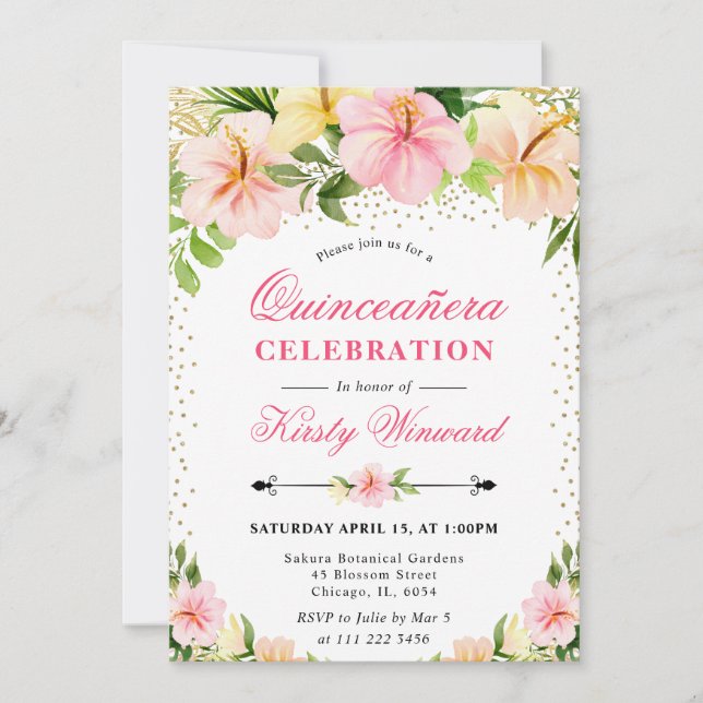 Invitation Aquarelle Tropical Rose Fleurs Quinceanera (Devant)