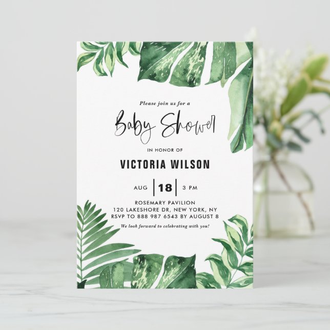 Invitation Aquarelle Tropical Variegical Feuille Baby shower (Debout devant)