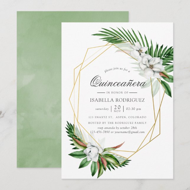 Invitation Aquarelle Tropical Verdure Géométrique Quinceañera (Devant / Derrière)