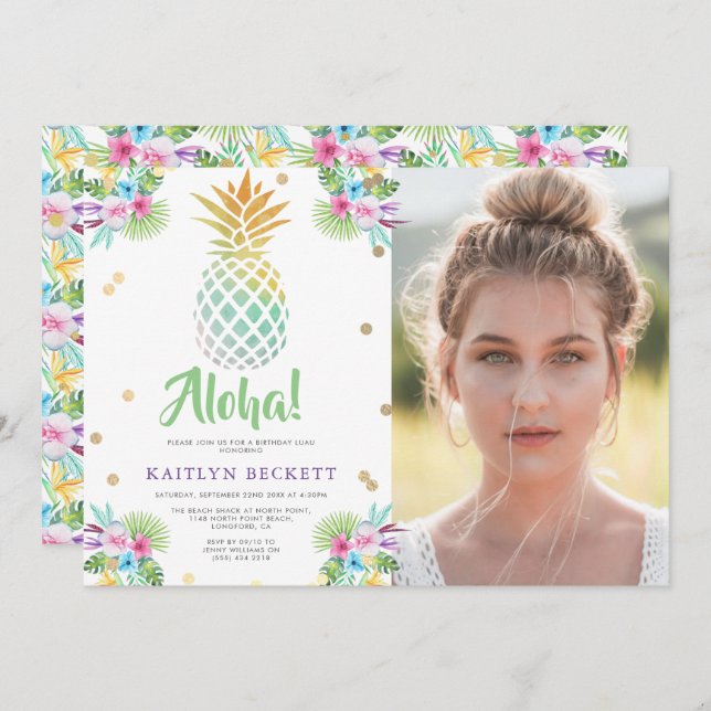 Invitation Aquarelle tropicale Anniversaire Photo Luau (Devant / Derrière)