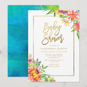 Invitation Aquarelle tropicale Baby shower de calligraphie OR