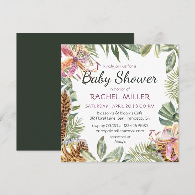 Invitation Aquarelle tropicale Baby shower floral (Devant / Derrière)