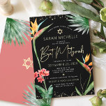 Invitation Aquarelle tropicale Bat mitzvah d'or noir<br><div class="desc">Soyez fier, réjouissez-vous et présentez ce jalon de votre Bat mitzvah préféré avec cette invitation sophistiquée et personnalisée ! Élégant, étonnant, coloré, oiseaux d'aquarelle tropicale de fleurs de paradis, faux écriture manuscrite or, Star of David et points de parties scintillant, avec le type sans serif moderne, superposent un arrière -...</div>