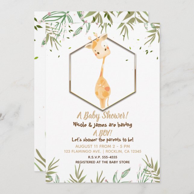 Invitation Aquarelle Tropicale Cute Giraffe Boys Baby shower (Devant / Derrière)