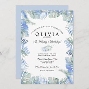 Invitation Aquarelle tropicale d'anniversaire Feuilles bleu v