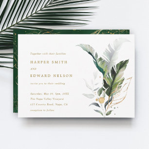 Invitation Aquarelle tropicale Feuille Mariage or