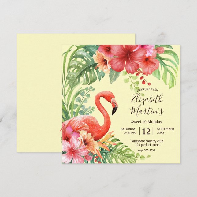 Invitation Aquarelle tropicale Flamants roses & Hibiscus Anni (Devant / Derrière)