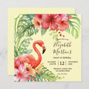 Invitation Aquarelle tropicale Flamants roses & Hibiscus Anni