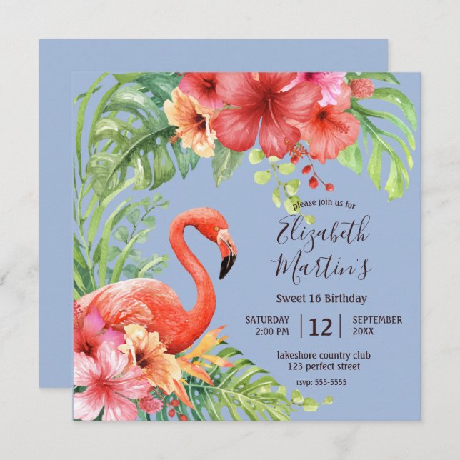 Invitation Aquarelle tropicale Flamants roses & Hibiscus Anni (Devant / Derrière)