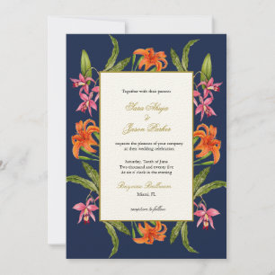 Invitation Aquarelle tropicale Floral Navy Mariage bleu