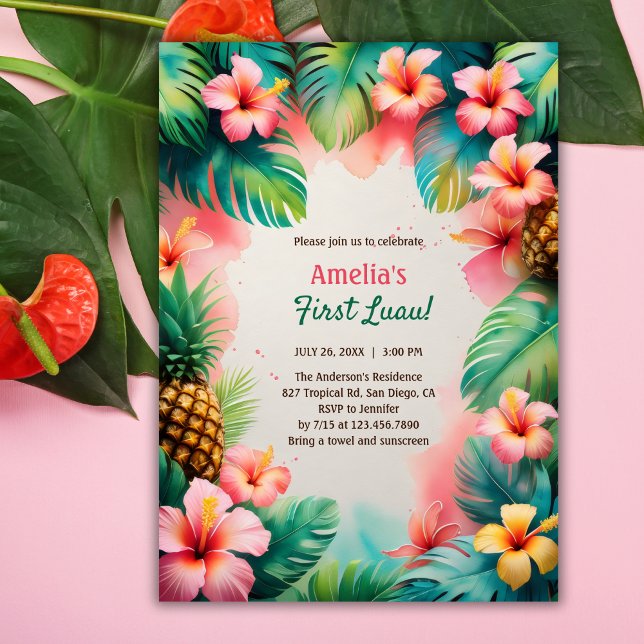 Invitation Aquarelle tropicale Hawaiian First Luau Anniversai (First Luau Birthday Invitation – Tropical Hawaiian Party for Baby Girl Invitation)