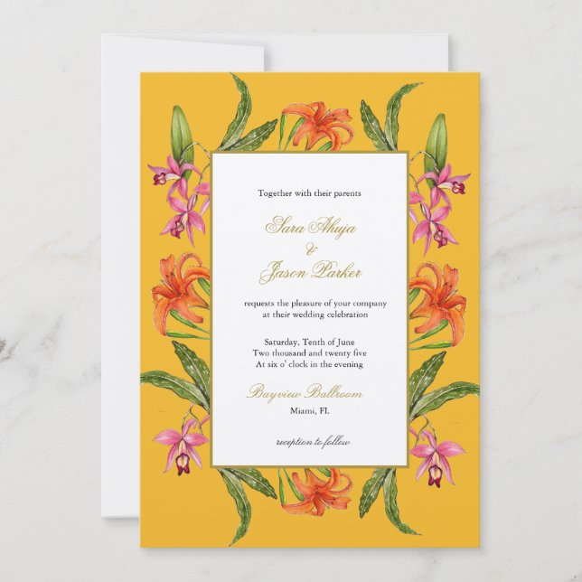 Invitation Aquarelle tropicale Mariage de moutarde florale (Devant)