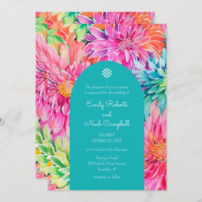 Invitation Aquarelle tropicale moderne colorée Mariage floral (Devant / Derrière)