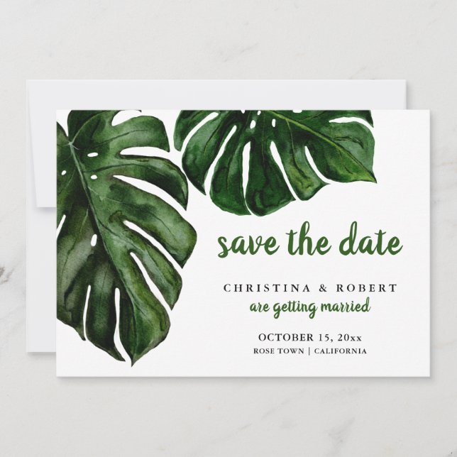 Invitation Aquarelle Tropicale Monstera Vert Enregistrer La D (Devant)