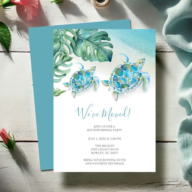 Invitation Aquarelle Tropicale Plage Fête de Chauffage (New address moving announcement cards tropical beach seat turtle watercolor Victoria Grigaliunas)