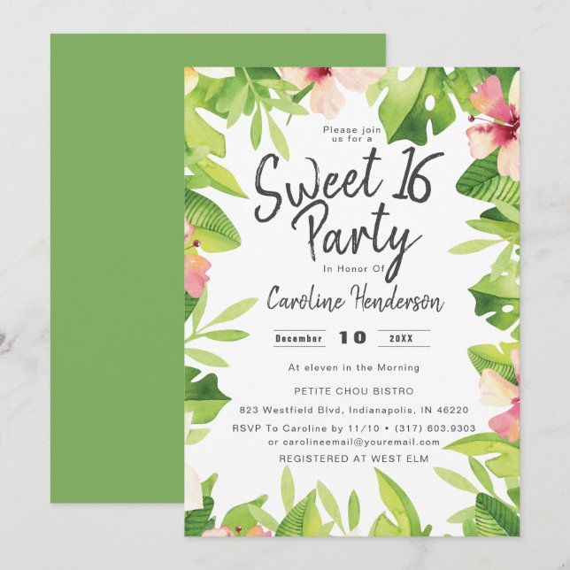 Invitation Aquarelle tropicale Sweet sixteen floral (Devant / Derrière)