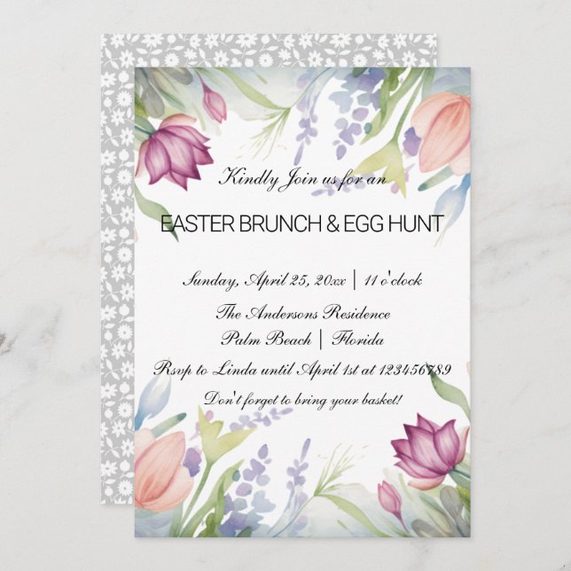 Invitation Aquarelle Tulipe Florale Pâques Brunch & Chasse au (Devant / Derrière)