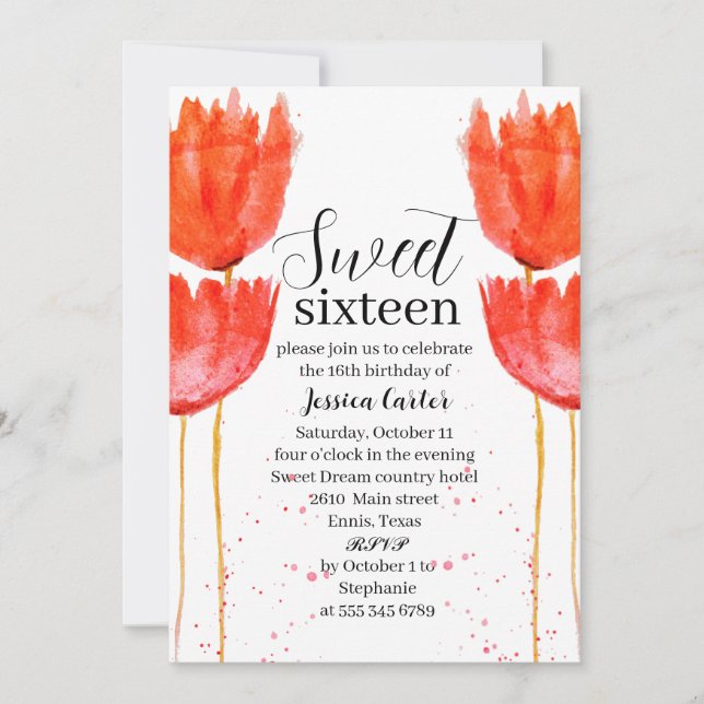 Invitation Aquarelle Tulipes orange Floral Sweet 16 Seize (Devant)