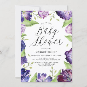 Invitation Aquarelle Tulipes pourpres Baby shower de cadre fl