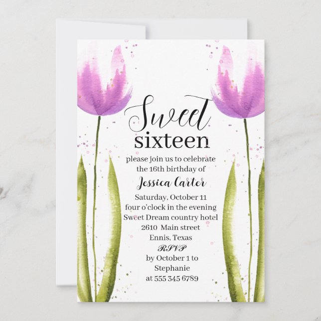 Invitation Aquarelle Tulipes pourpres Floral Sweet 16 Seize (Devant)